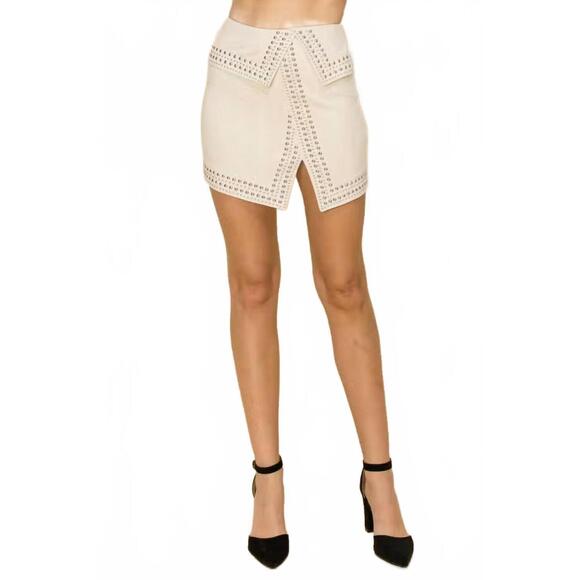 NEW VOCAL APPAREL waist embellished suede mini skirt in natural - Picture 1 of 2
